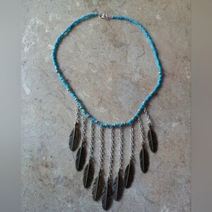 Turquoise Beaded Feather Necklace